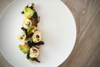8.	Chicken breast roulade with morels, shallot confit, and Romanesco